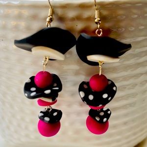 Abstract Clay Handmade Earrings - Black, Pink & White Polka Dots